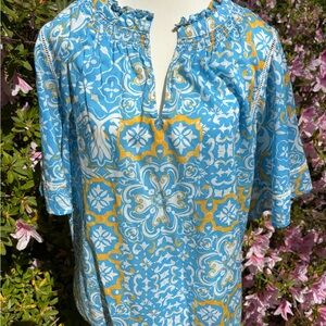 Ann Taylor Size Large Lovell/Cotton Blue and Yellow Printed Women's Peasant Top